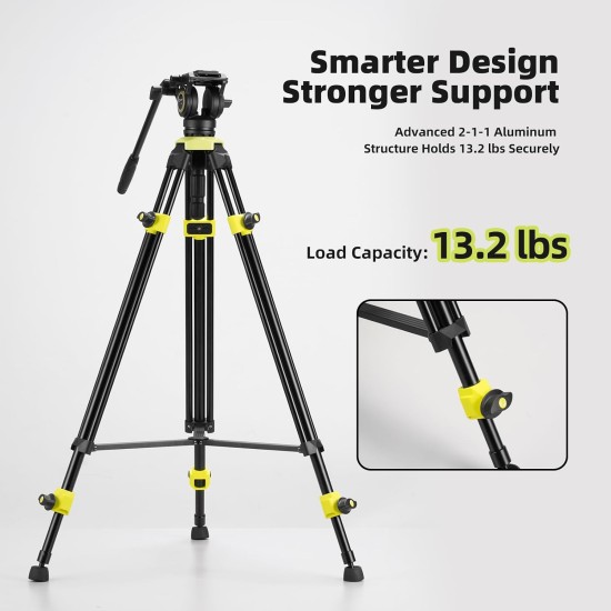 Cayer BV01 Compact Video Tripod, 65" Twin Tube Fluid Head 13.2 Lb